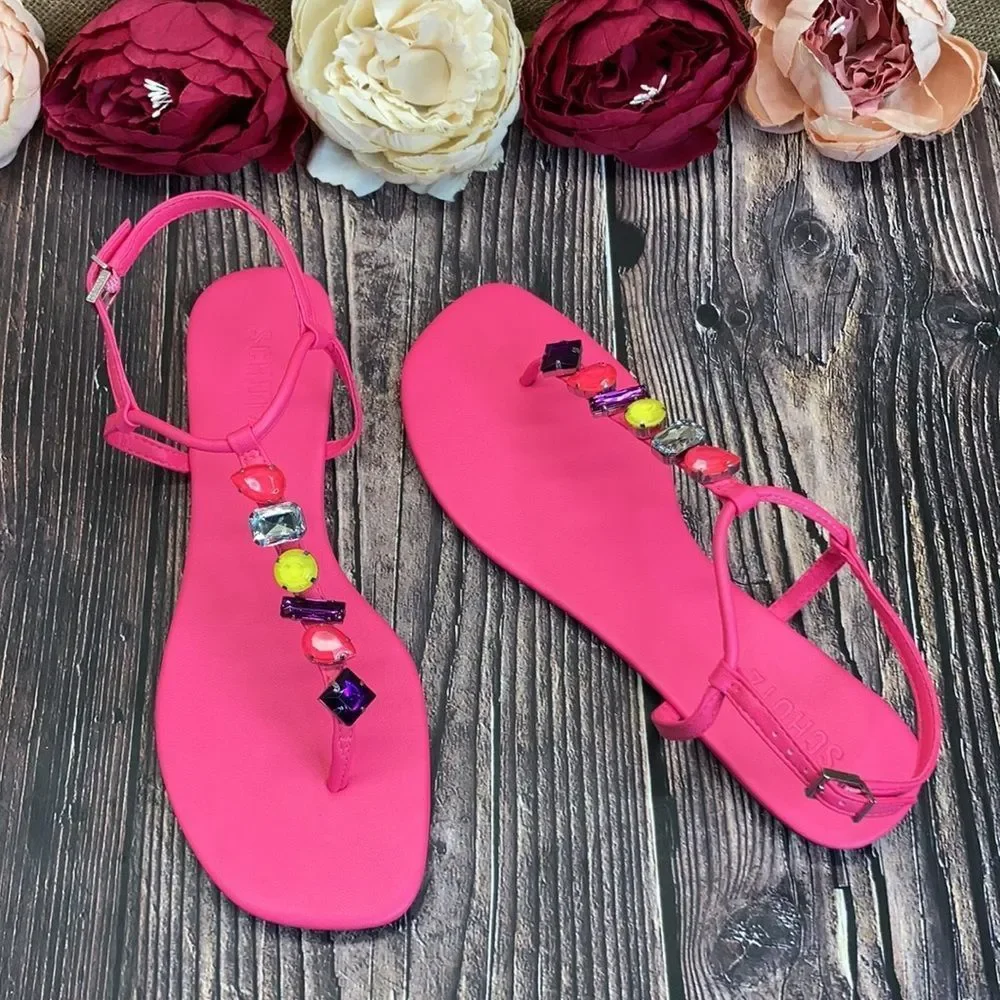 Schutz Neon Pink Eryl Embellished Thong Sandals 9B - Picture 3 of 8